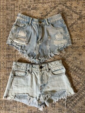 Free People Light Blue Distressed Denim Shorts Duo